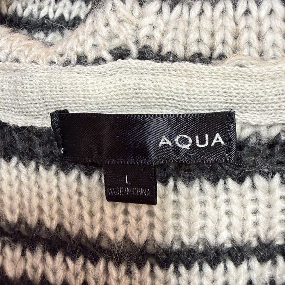AQUA Chunky Knit Hoodie Sweater L Exposed Seams Casual Ivory Blacks Fringe $88 - Picture 6 of 8
